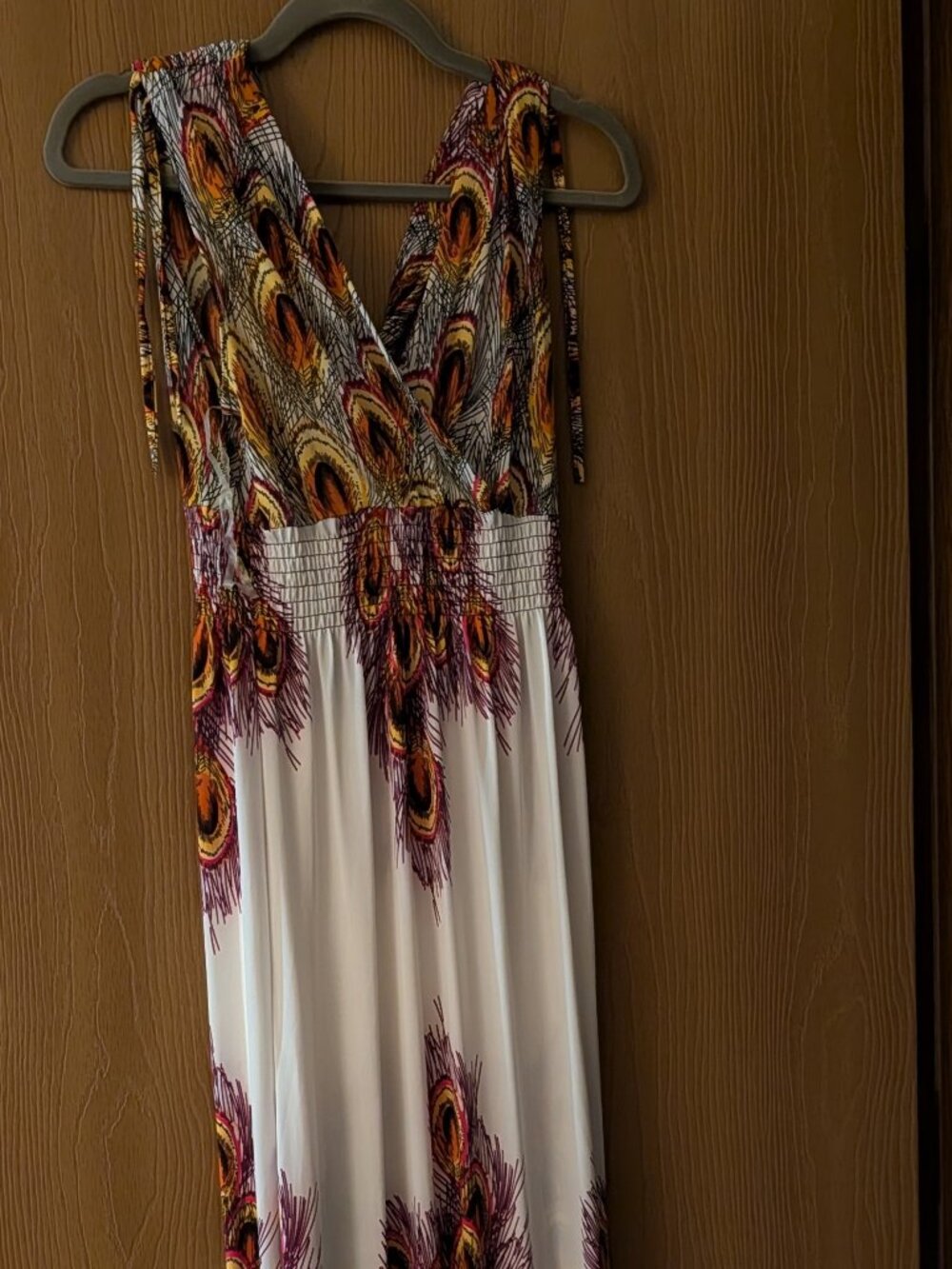 Peacock Feather Print Boho Maxi Dress Empire Waist Y2K